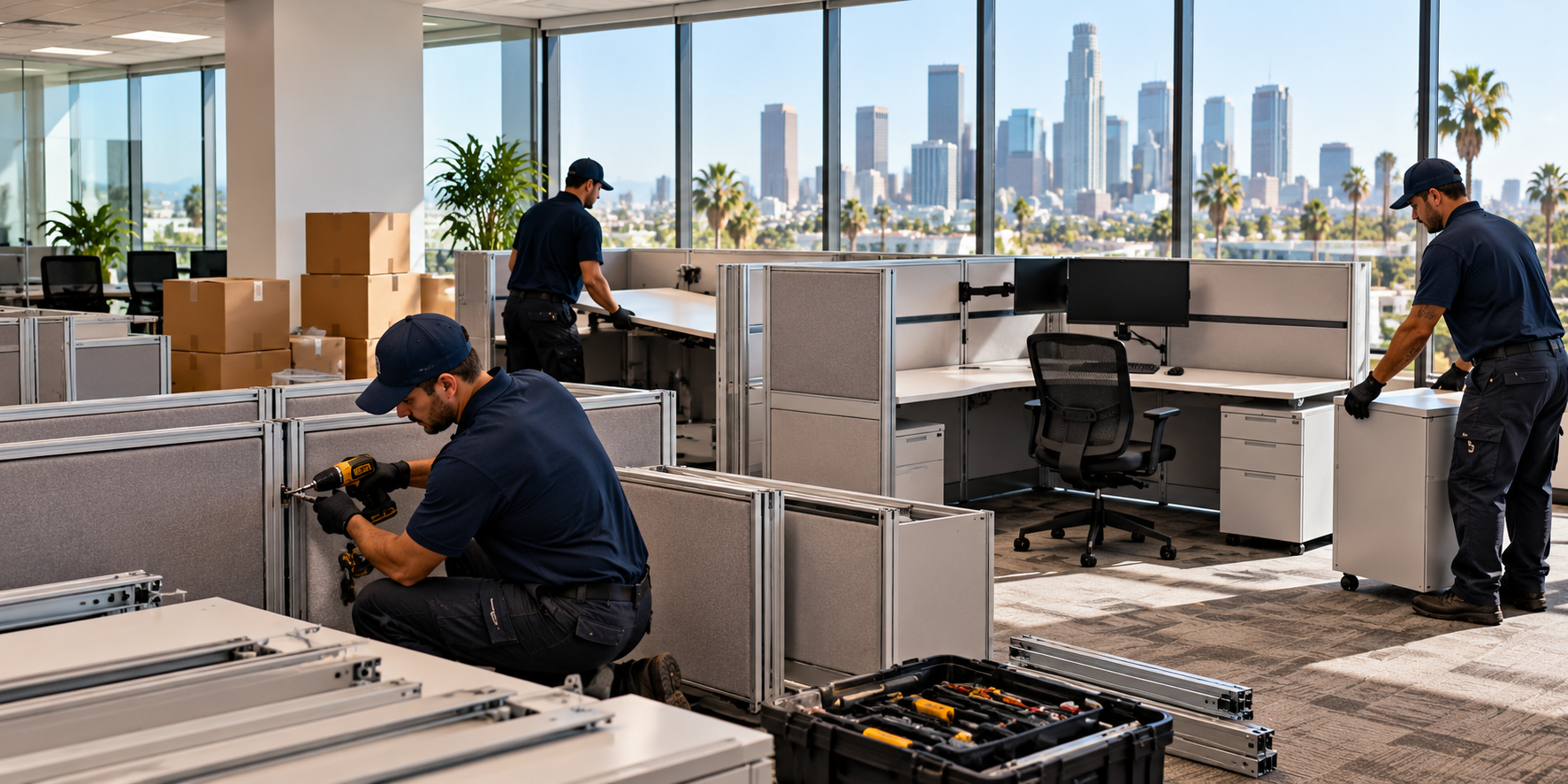 Movers disassembling workstations during office cubicle moving in Los Angeles