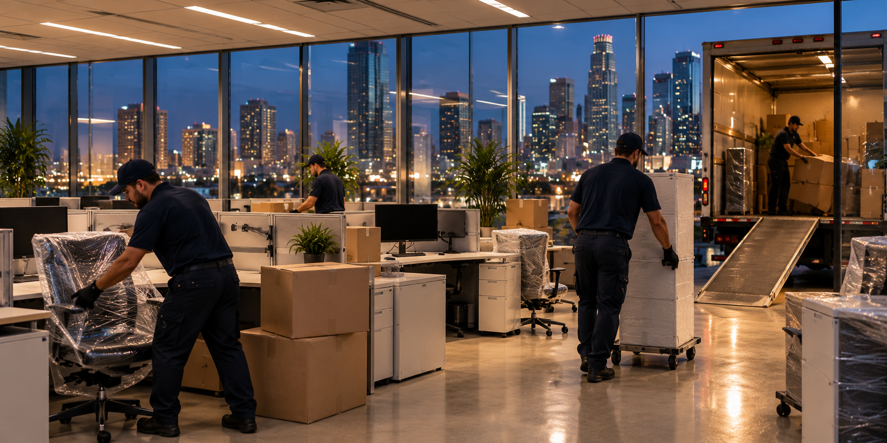 After hours office movers in Los Angeles loading furniture at night